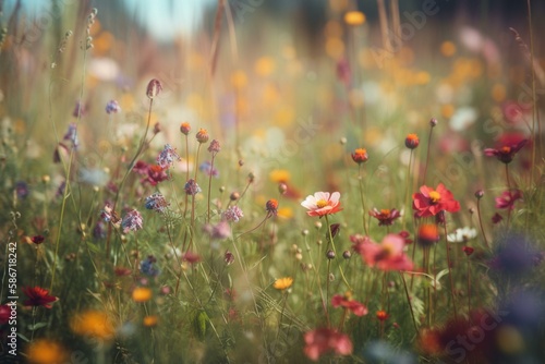 A field of colorful wildflowers, bokeh Generative AI