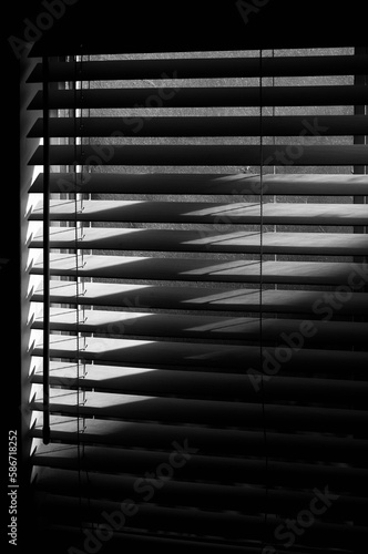 Window blinds partially open black and white film noir

