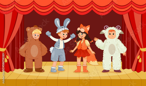 Theatrical scene with children. Boys and girl in animal costumes stand on stage against background of red curtain. School performance of small actors. Fun for kids. Cartoon flat vector illustration