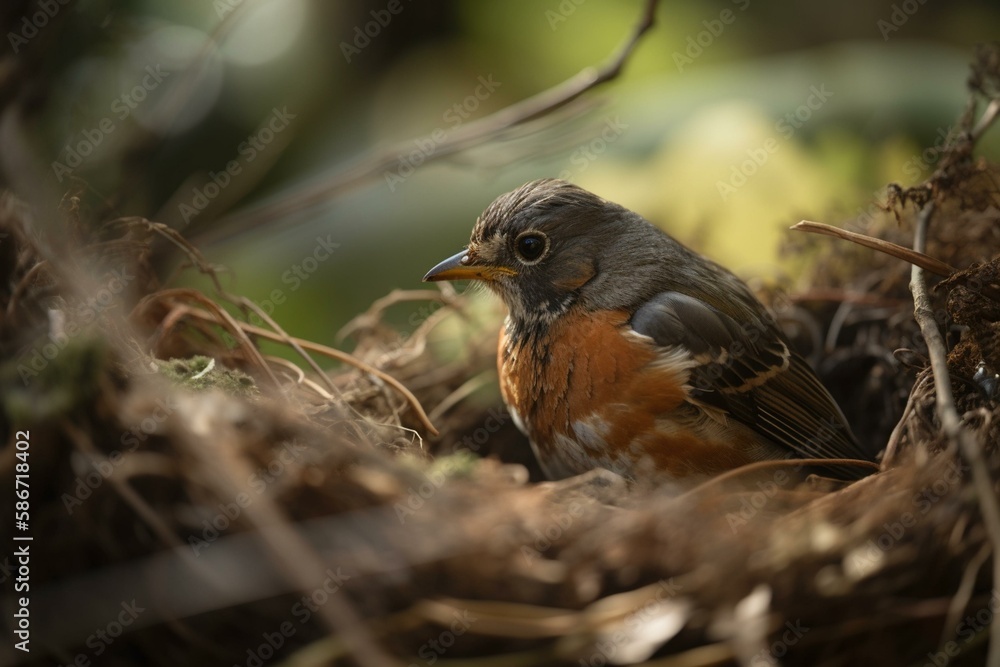 A robin building a nest, bokeh Generative AI A robin building a nest, bokeh Generative AI