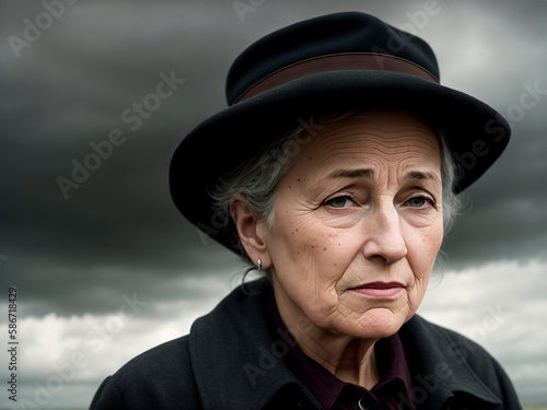 Dramatic portrait of an elderly woman, late autumn landscape as background, dark sky with storm clouds. Generative AI.