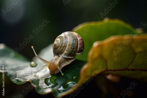 A snail on a leaf, bokeh Generative AI