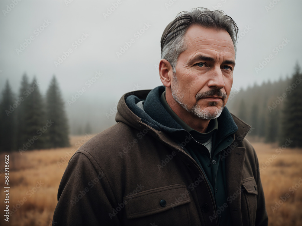 Dramatic portrait of a man, late autumn season, wild landscape as background, dark sky with storm clouds. Generative AI. Dramatic portrait of a man, late autumn season, wild landscape as background, dark sky with storm clouds. Generative AI.
