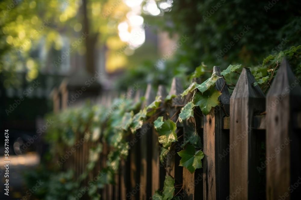 A wooden fence covered in ivy, bokeh Generative AI A wooden fence covered in ivy, bokeh Generative AI