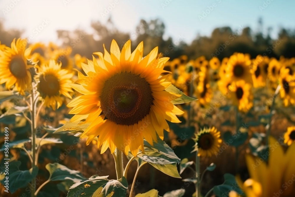 A sunflower field with a blue sky, bokeh Generative AI