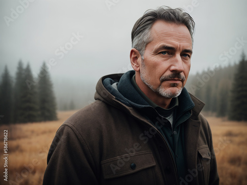 Dramatic portrait of a man, late autumn season, wild landscape as background, dark sky with storm clouds. Generative AI.