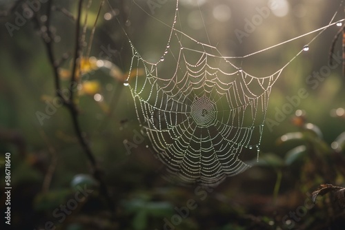 A spiderweb with dewdrops, bokeh Generative AI