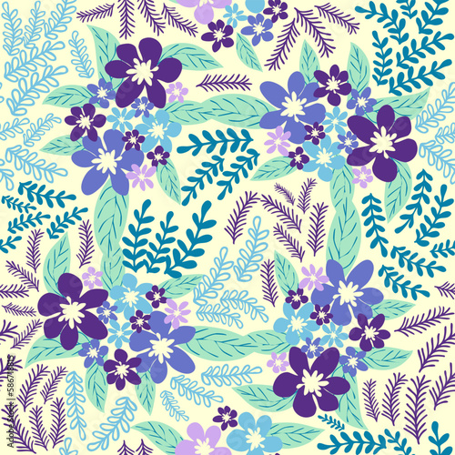 Fantasy seamless floral pattern with blue  azure  tsman  lavender flowers and leaves. Elegant template for fashion