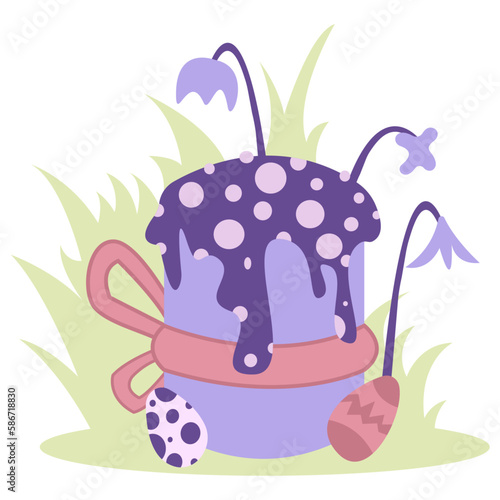Easter Kulich Bread with Flowers and Eggs on Green Grass - Vector Illustration for Spring Holiday and Cuisine Stock