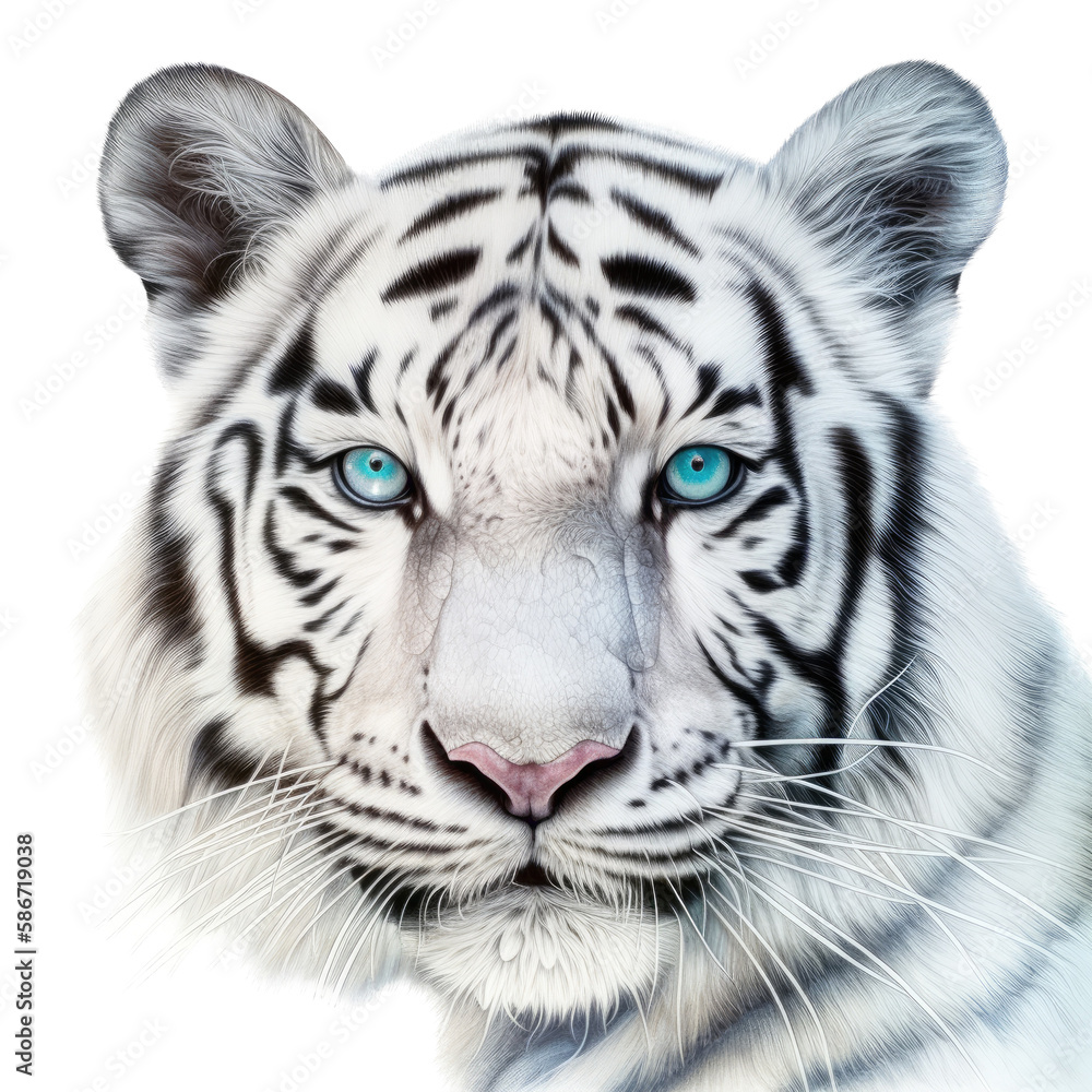Fototapeta premium an isolated white tiger FACE, FRONT-view portrait, jungle-themed photorealistic illustration on a transparent background cutout in PNG, GENERATIVE AI