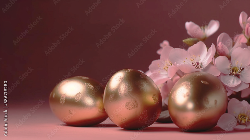 golden Easter eggs and spring flowers on a peach background. Spring break concept with copy space. Top view golden Easter eggs and spring flowers on a peach background. Spring break concept with copy space. Top view