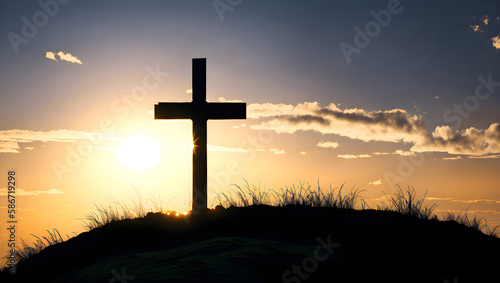 silhouette of cross on top over sunset by AI