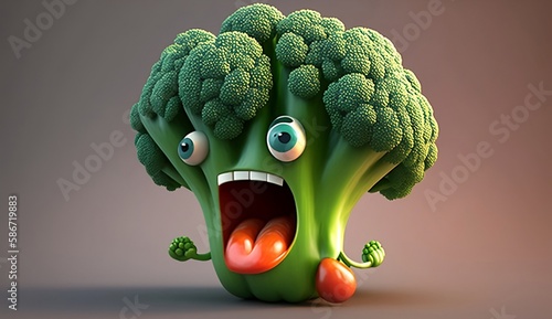 Broccoli Vegetable cartoon character mascot illustration. CONTENT, HAPPY, GRIN SMILE, FUNNY Face emotion. Waving hand gesture.