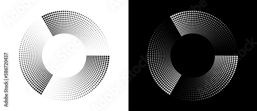 White and black polka dots in a circle as a logo or abstract background. A rotating circle like a loading sign with 3 parts.