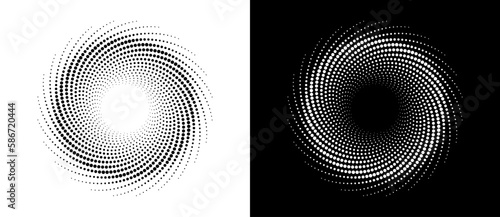 Modern abstract background. Halftone dots in circle form. Round logo. Vector dotted frame. Design element or icon. Black dots on a white background and white dots on the black side.