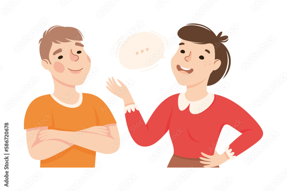 Fototapeta premium Man and Woman Talking Together Communicating and Discussing Something Vector Illustration