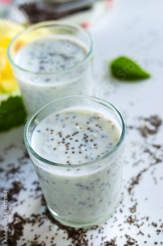 yogurt with chia seeds on a white background