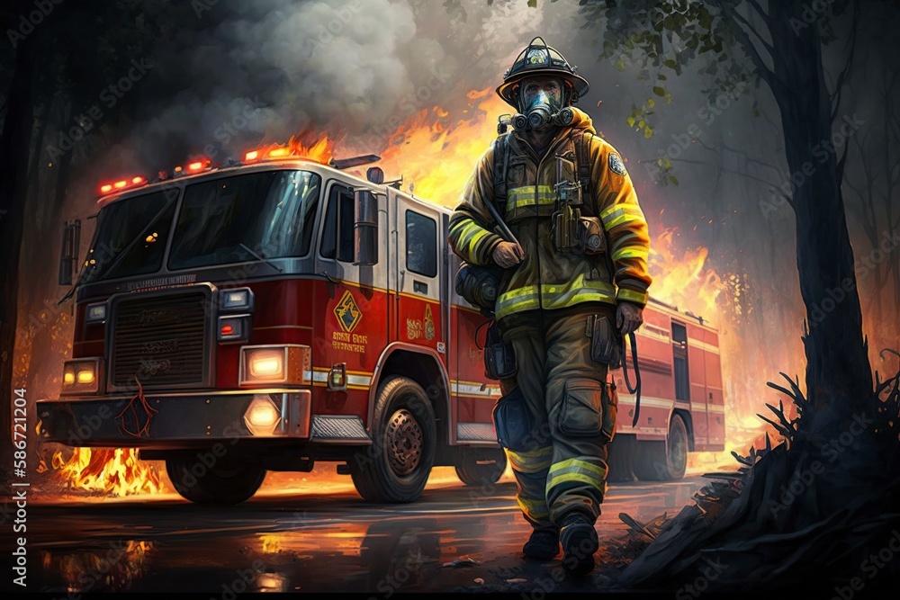 illustration, fireman at work fire truck background, ai generative. illustration, fireman at work fire truck background, ai generative.