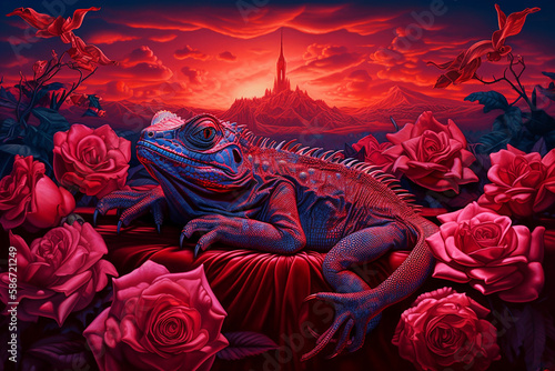 A pink iguana sleeping in a bed of roses...  Created with Generative AI technology. 