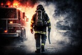 illustration, fireman at work fire truck background, ai generative