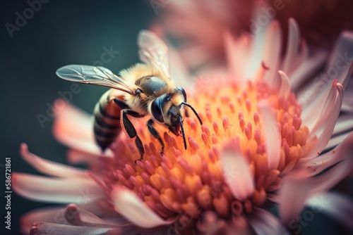  a bee is sitting on a flower with its wings spread out and it's head is facing the camera and its body is facing away from the camera.  generative ai © Oleg
