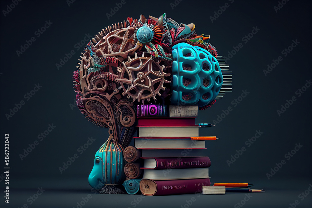 Fototapeta premium Education concept. Stack of books with brain and gears. 3d illustration generative ai