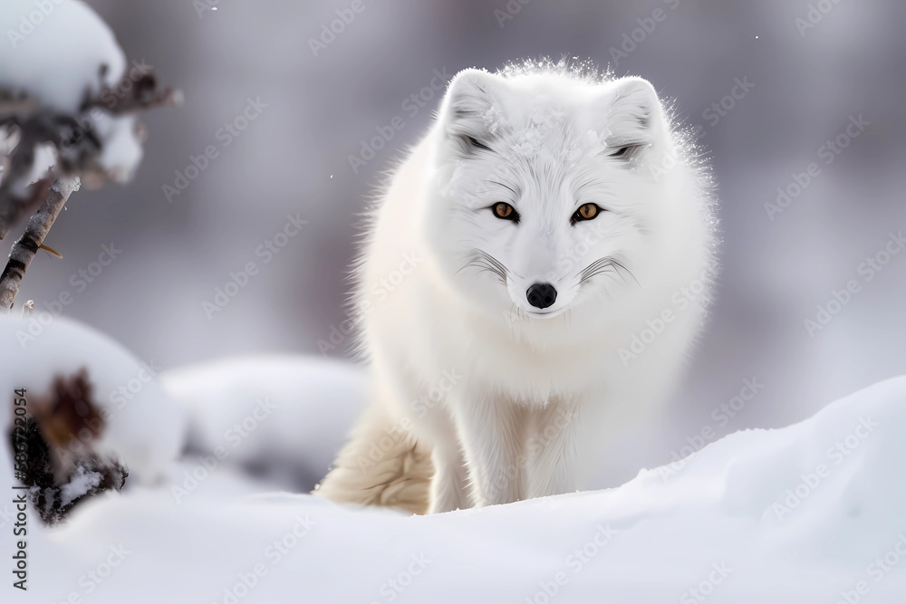 Arctic Fox - Arctic regions - A small, adaptable carnivore with a thick, white fur coat. They are threatened by climate change and hunting (Generative AI) Arctic Fox - Arctic regions - A small, adaptable carnivore with a thick, white fur coat. They are threatened by climate change and hunting (Generative AI)