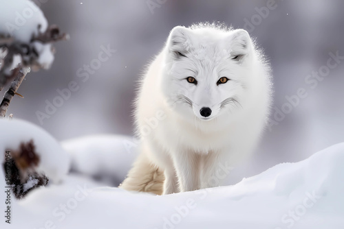 Arctic Fox - Arctic regions - A small, adaptable carnivore with a thick, white fur coat. They are threatened by climate change and hunting (Generative AI) © Russell