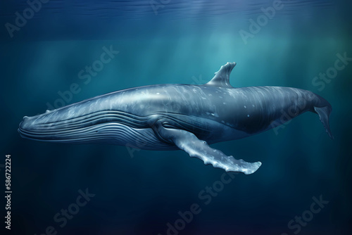 Blue whale - All oceans - The largest animal on Earth, weighing up to 200 tons. Feeds on krill and communicates through low-frequency sounds (Generative AI) © Russell