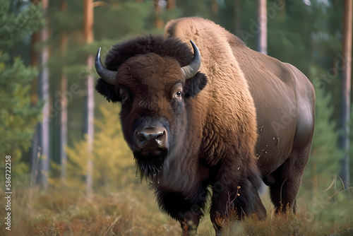Bison - North America and Europe - A large, herbivorous mammal known for its massive size and historical importance to indigenous cultures. They are threatened by habitat loss (Generative AI) © Russell