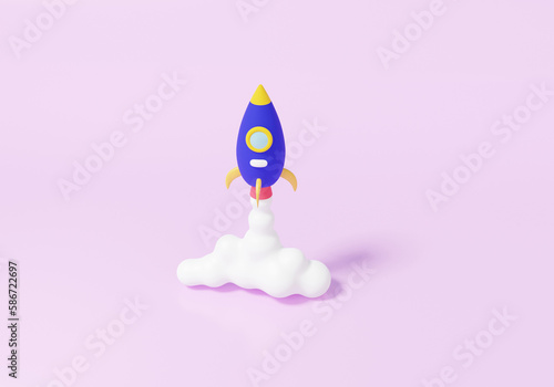 Spaceship rocket spewing smoke fly floating on pink background. financial business investment start-up concept. future success innovation cartoon minimal cute smooth. 3d rendering illustration