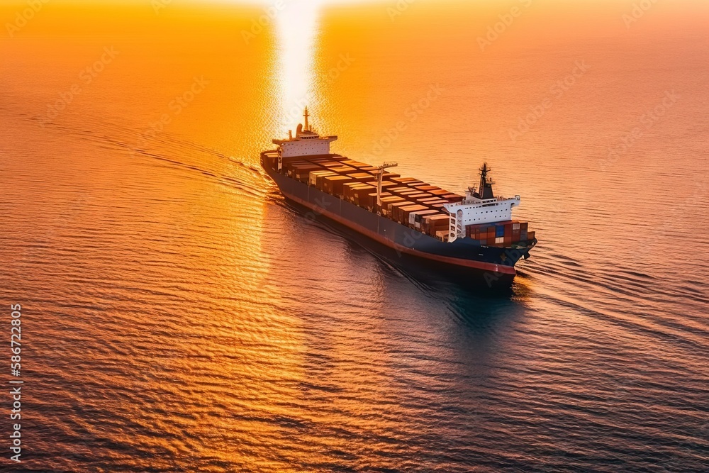  a large cargo ship in the middle of the ocean with a sun setting in the background and a small boat in the foreground with a smaller boat in the foreground.  generative ai