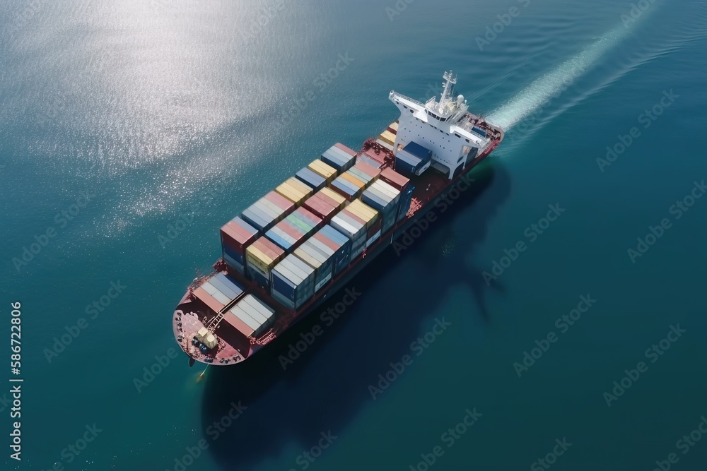  a large container ship sailing in the ocean with a lot of containers on it's side and a tug boat in the water behind it.  generative ai