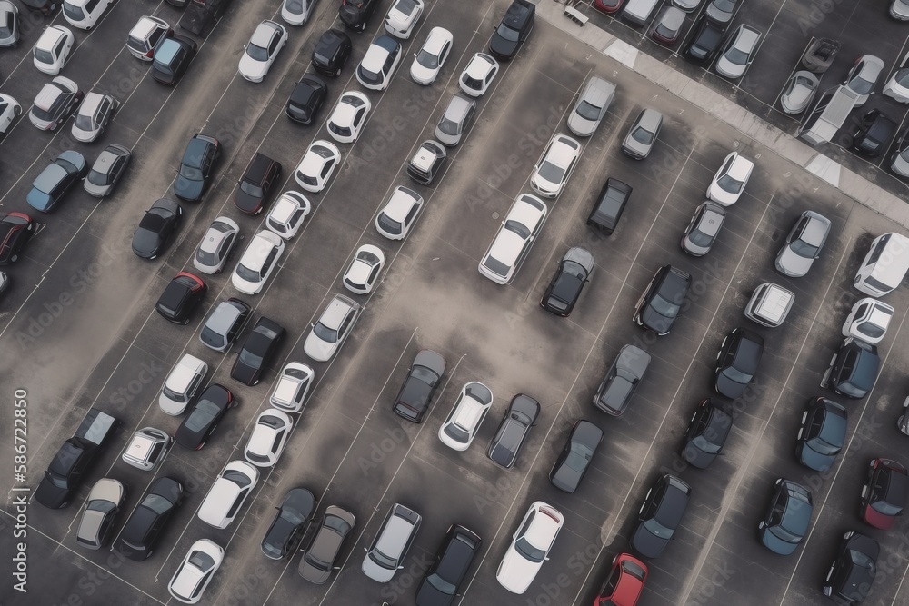  a parking lot filled with lots of parked cars next to a parking lot with lots of parked cars in it and lots of parked cars in the lot.  generative ai