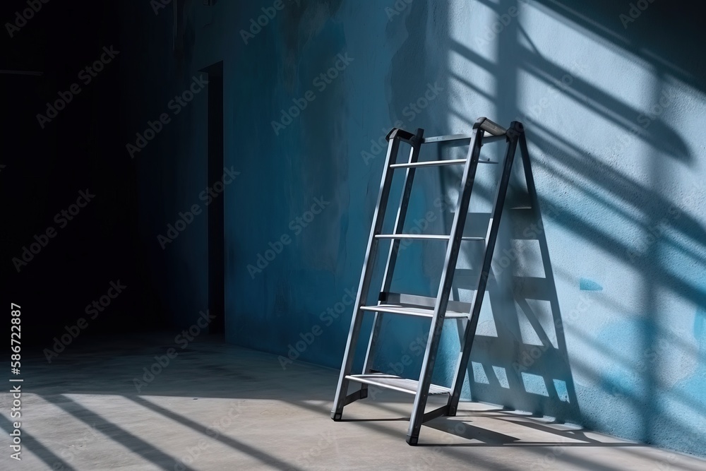 a ladder leaning against a blue wall in a dark room with a shadow cast ...