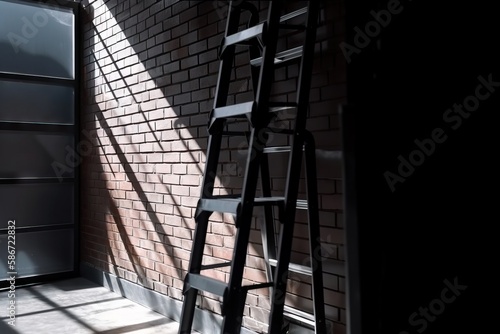  a ladder leaning against a brick wall next to a doorway with a door and a brick wall in the background with a light coming through the window. generative ai