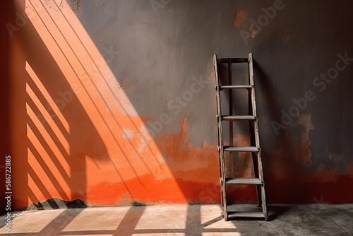  a ladder leaning against a wall in a room with orange walls and a shadow of a ladder on the floor in front of a window. generative ai