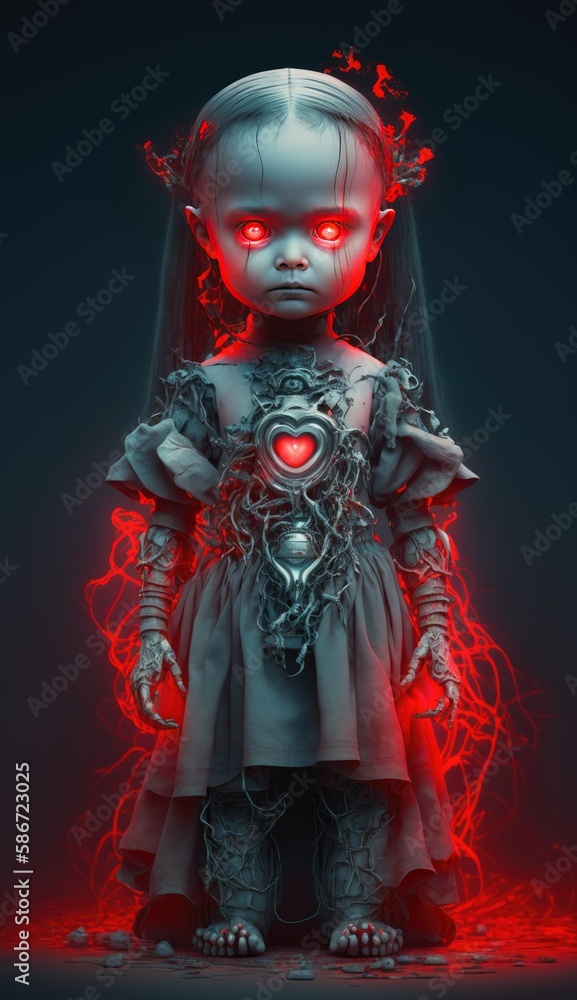 Creepy puppet half robot half human with evil face Generative AI Creepy puppet half robot half human with evil face Generative AI