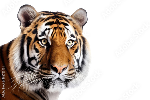 an isolated Bengal tiger front and side view  portrait  Full Face  a fierce jungle-themed photographic illustration on a transparent background in PNG. Generative ai