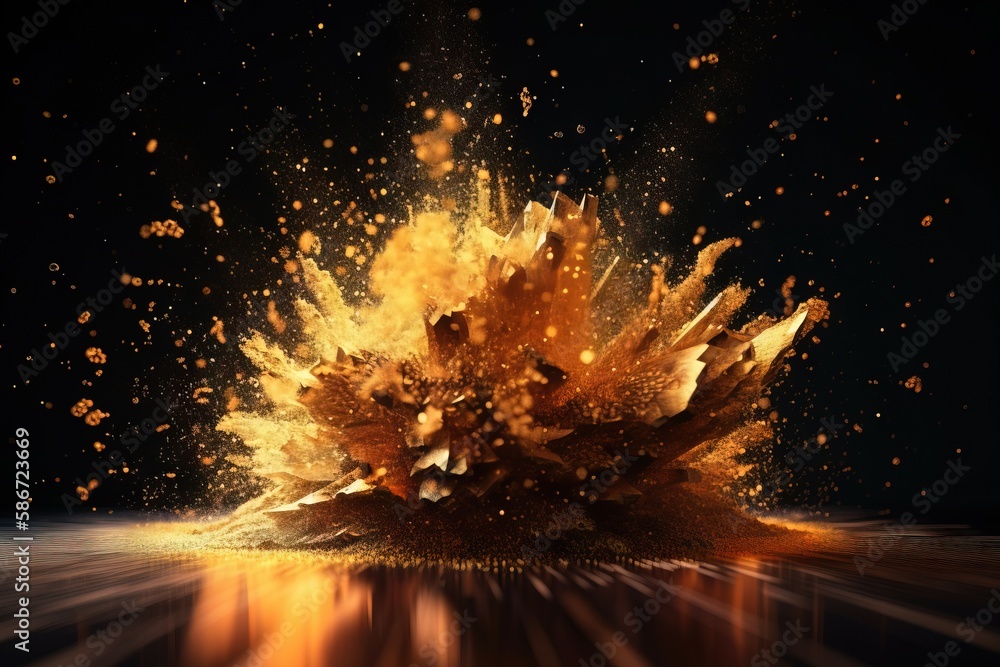  a yellow explosion of fire on a black background with a reflection of the light on the floor and the fire in the middle of the image.  generative ai