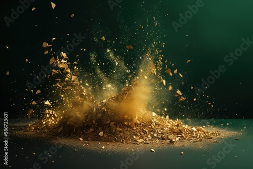  a pile of dirt with a lot of dust coming out of it on a green background with a black background and a green background with a few yellow and white dots. generative ai