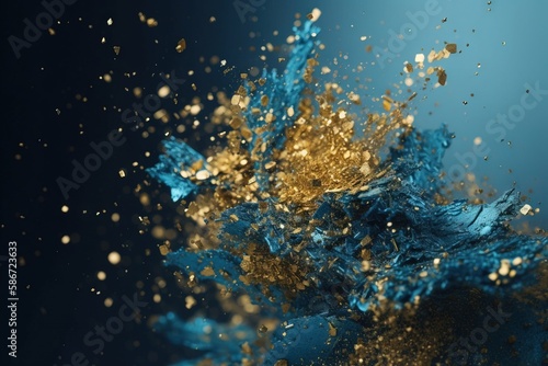  a blue and gold object is flying in the air with water droplets on it's surface and a blue background with gold flecks. generative ai