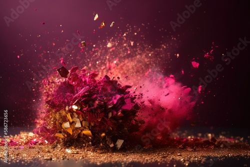  a pile of pink and yellow powder on top of a purple surface with a butterfly flying above the pile of pink and yellow powder on top of the pile. generative ai