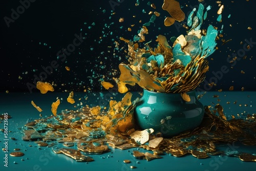  a blue vase filled with lots of gold confetti on top of a blue tablecloth covered in confetti and gold leaves. generative ai