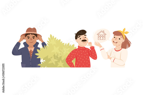 Espionage with Man Private Detective Hiding Behind Bush Listening to Conversation Vector Illustration