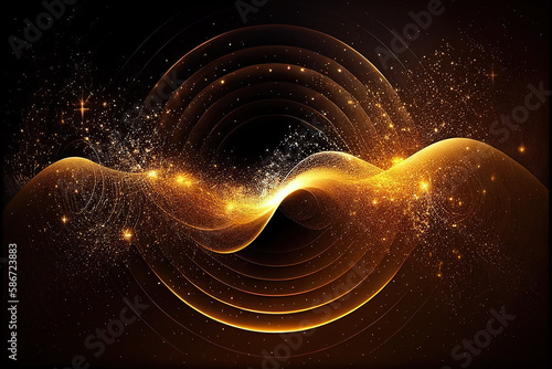 Sparkling energy waves with golden circles in the background.