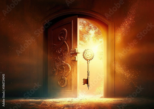 Magic key opening the door to the dimension of light. Golden light coming through the open magical door. photo