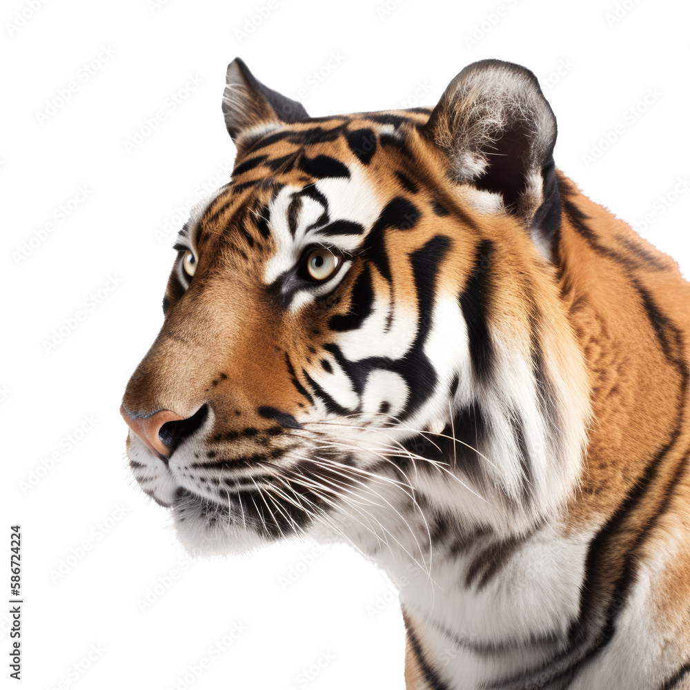 Naklejka premium an isolated Bengal tiger front and side view, portrait, Full Face, a fierce jungle-themed photographic illustration on a transparent background in PNG. Generative ai