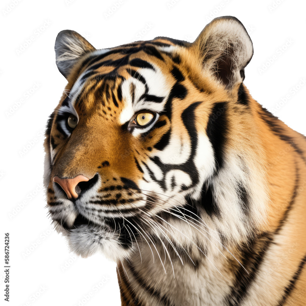Fototapeta premium an isolated Bengal tiger front and side view, portrait, Full Face, a fierce jungle-themed photographic illustration on a transparent background in PNG. Generative ai