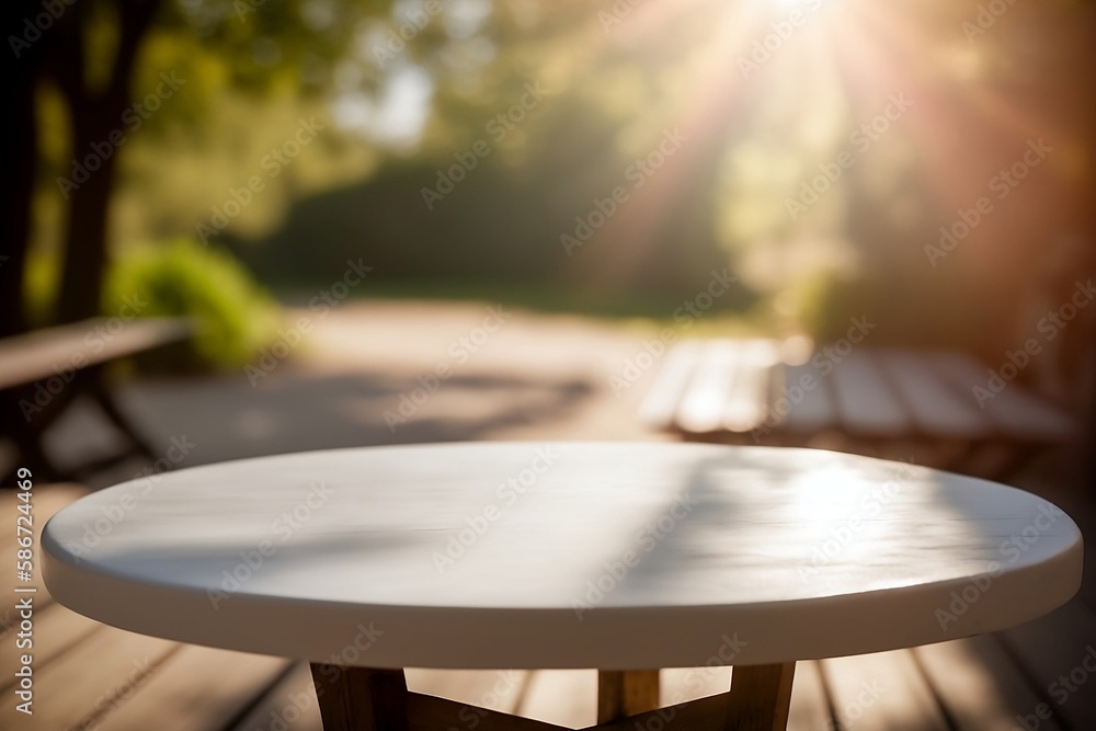 Obraz premium Empty wooden round table for product display with blurred garden background. Ai generative